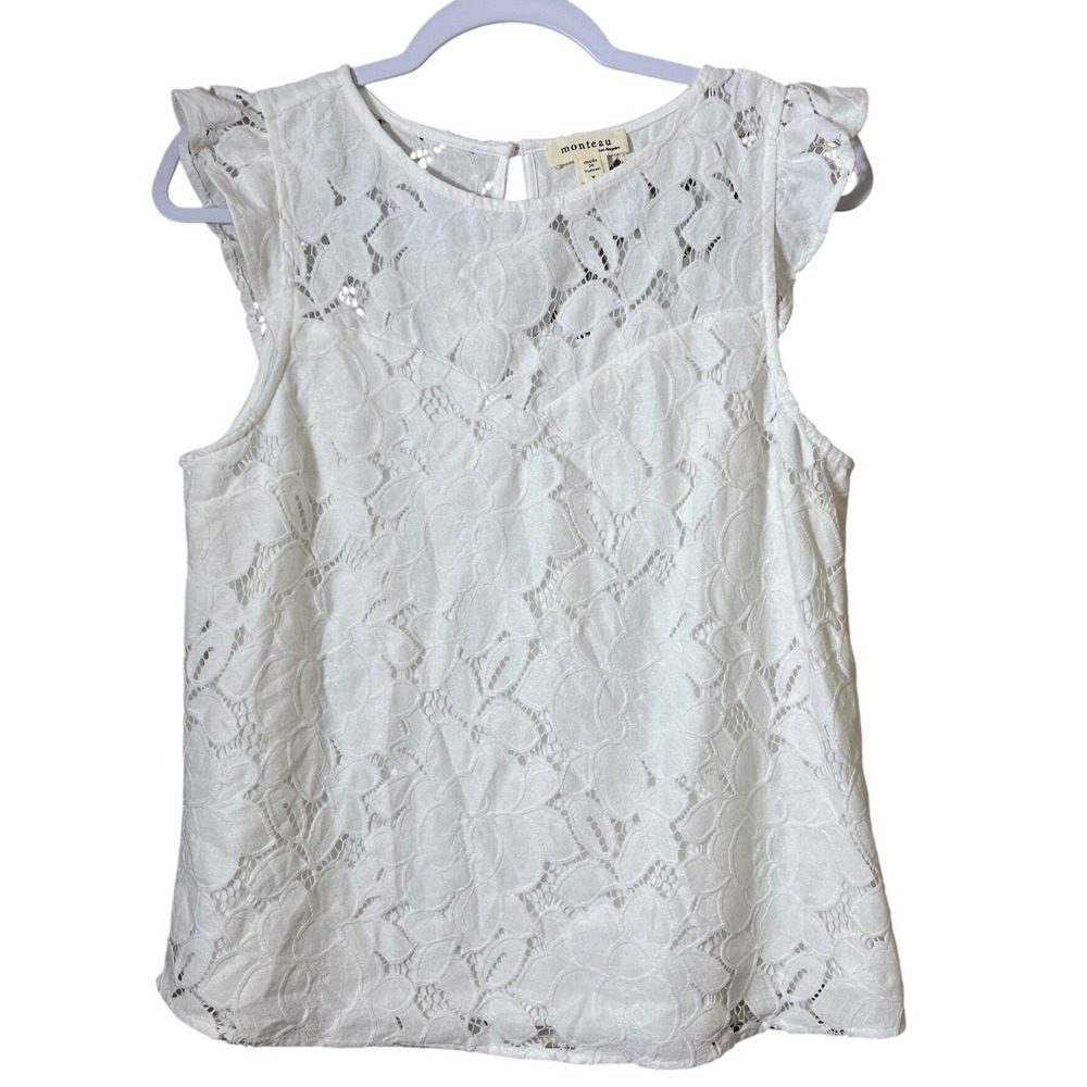 Monteau Los Angeles White Floral Lace Ruffle Sleeve Blouse Top Large